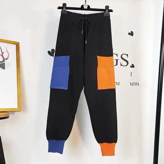 Net Red Autumn and Winter Knitted Casual Pants Hit Color Large Size Harlan Pants Women's Sports Pants Nine-point Pants Trousers