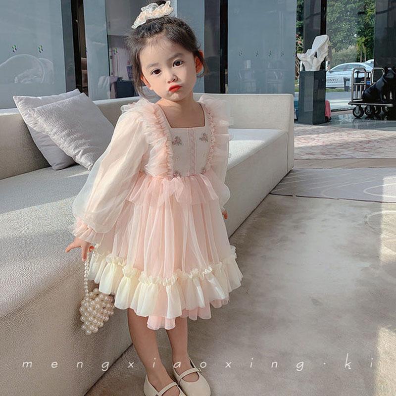 Girls Embroidery Dress Children's Cute Puff Skirt Mesh Princess Dress Baby Girl Spring Dress Long Sleeve Lace Pink Dress
