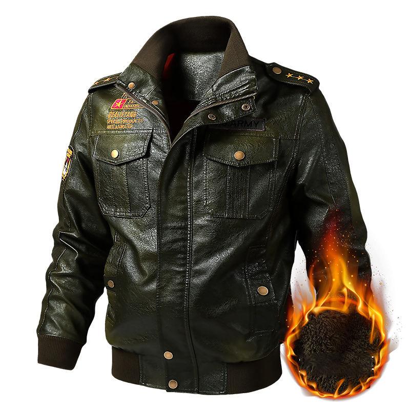 Retro plus velvet military uniform men's leather bomber leather jacket Slim stand-up collar PU casual plus size motorcycle suit