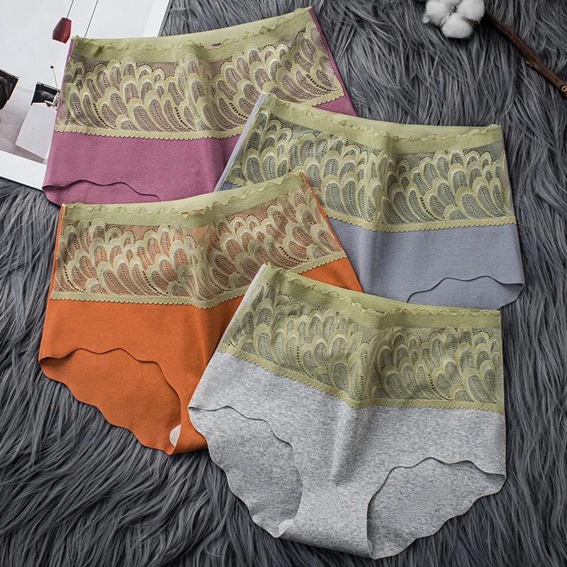 4PCS Ladies High Waist Panties Ladies Cotton Antibacterial Briefs Girls Students Charming Large Size Abdomen Hip Leggings Feather Hollow Sexy Panties