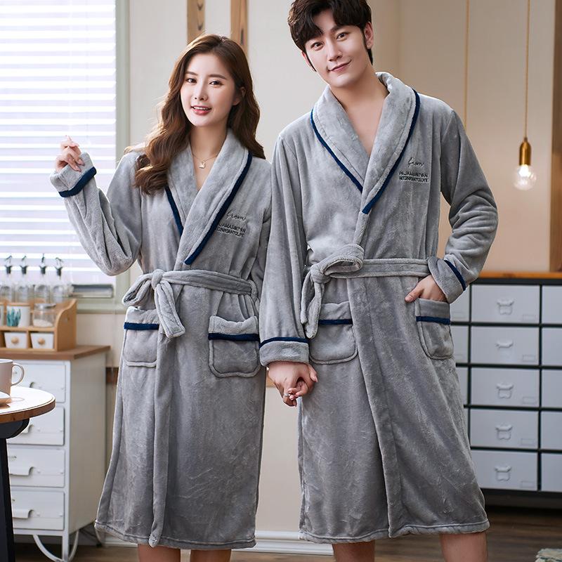 Autumn Winter Pajamas for Women Men Couple Nightgown Thick Velvet Flannel Bathrobe Coral Fleece Long Sleeve Pyjamas Casual Loose Homewear Sleepwear
