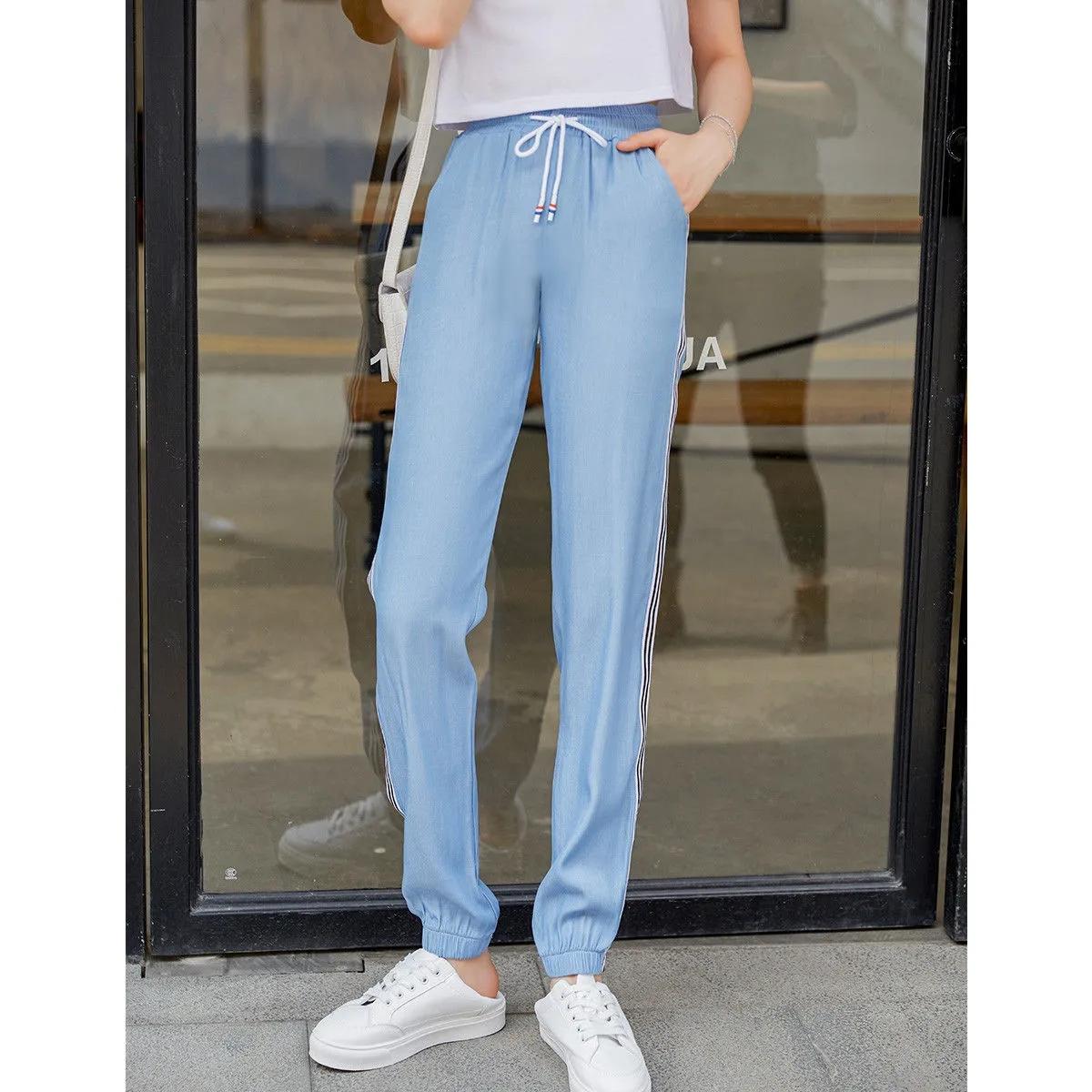 Women's Summer Thin Tencel Jeans Loose Drawstring Leggings Elastic High Waist Straight Pants Sports Casual Pants Harem Trousers Cropped pants