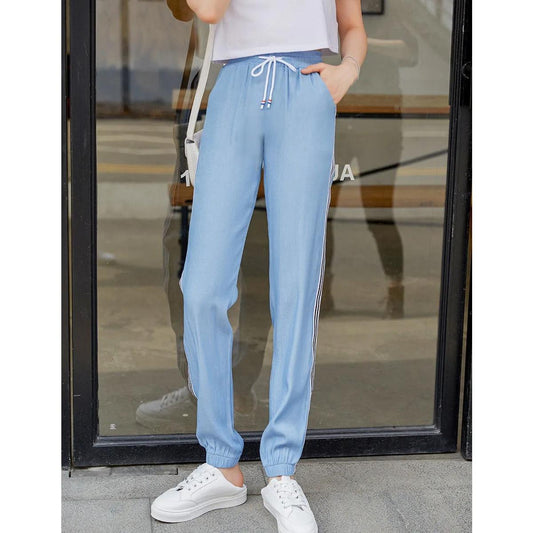 Women's Summer Thin Tencel Jeans Loose Drawstring Leggings Elastic High Waist Straight Pants Sports Casual Pants Harem Trousers Cropped pants