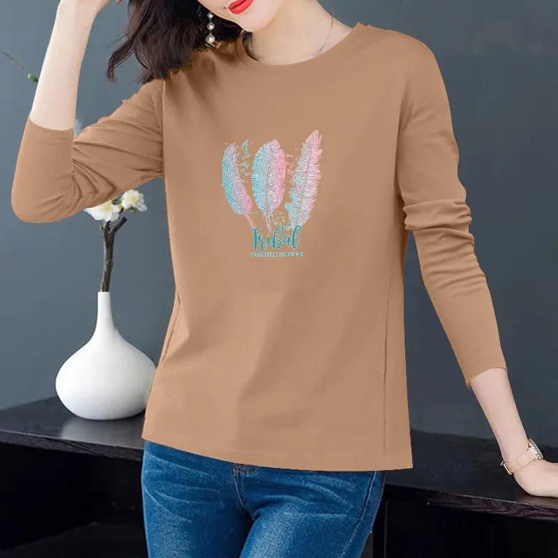 Cotton Spring and Autumn Korean Style Long-sleeved T-shirt Women Loose Plus Size Women's Round Neck Top