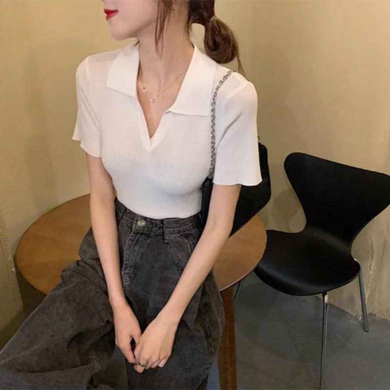 Summer V-neck Short-sleeved Knitted Sweater Women's Korean Version Slim Fit and Thin All-match French Girl Retro Hong Kong Style Short Top