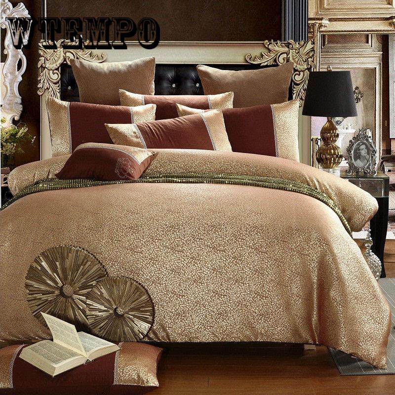 4pcs Stain Silk Jacquard Cotton Lace Duvet Cover Bedding Set Luxury King Queen Size Bed Sheet Set