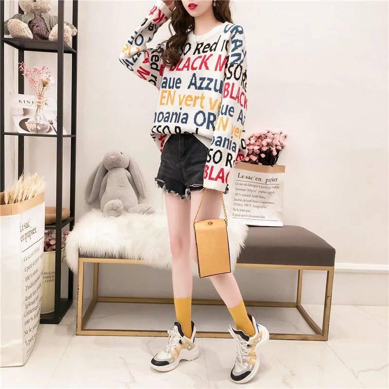 Chic Girl Letter Knitwear Crew Neck Loose Knitting Pullover Hit Color Jumper Sweater Top