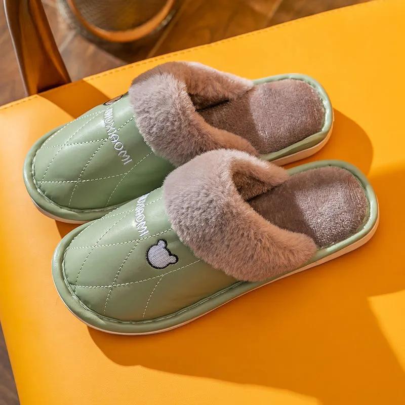 Women Winter Slippers Pu Leather Fleece Thick Warm Plus Size Men Slides Home Casual Cotton Shoes Pink Slippers Women
