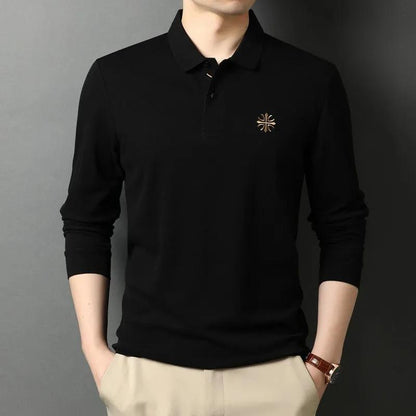 Men's Embroidered Top Long Sleeve Polo Shirt Spring and Autumn Thin Lapel T-Shirt Loose Solid Color All Match Casual Bottom Polo Shirt