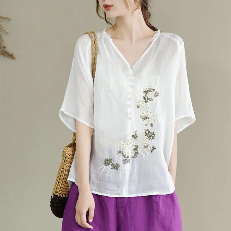 Women's Summer Embroidered Top V-Neck Short Sleeve Large Size Loose T-Shirt