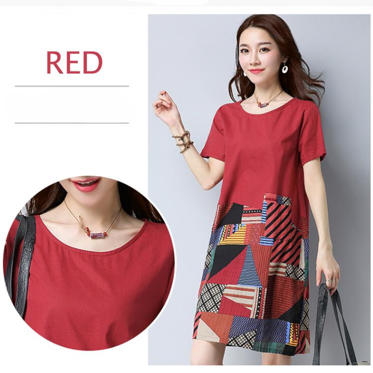 Vintage M-XXXL Summer Cotton and Linen Short-sleeved Knee-length Geometric Splicing Dress