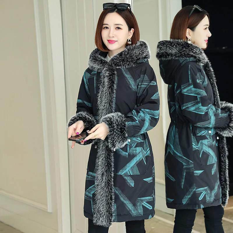 Pie Overcoming Fur Women's Large Fur Collar Cotton Jacket Hooded Mid-length Women's Thick Plus Size Jacket
