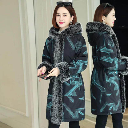 Pie Overcoming Fur Women's Large Fur Collar Cotton Jacket Hooded Mid-length Women's Thick Plus Size Jacket
