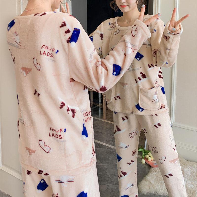 Flannel Pajamas Women Autumn and Winter Thick Sweet Cute Long-sleeved Coral Fleece Plus Size Home Service Suit