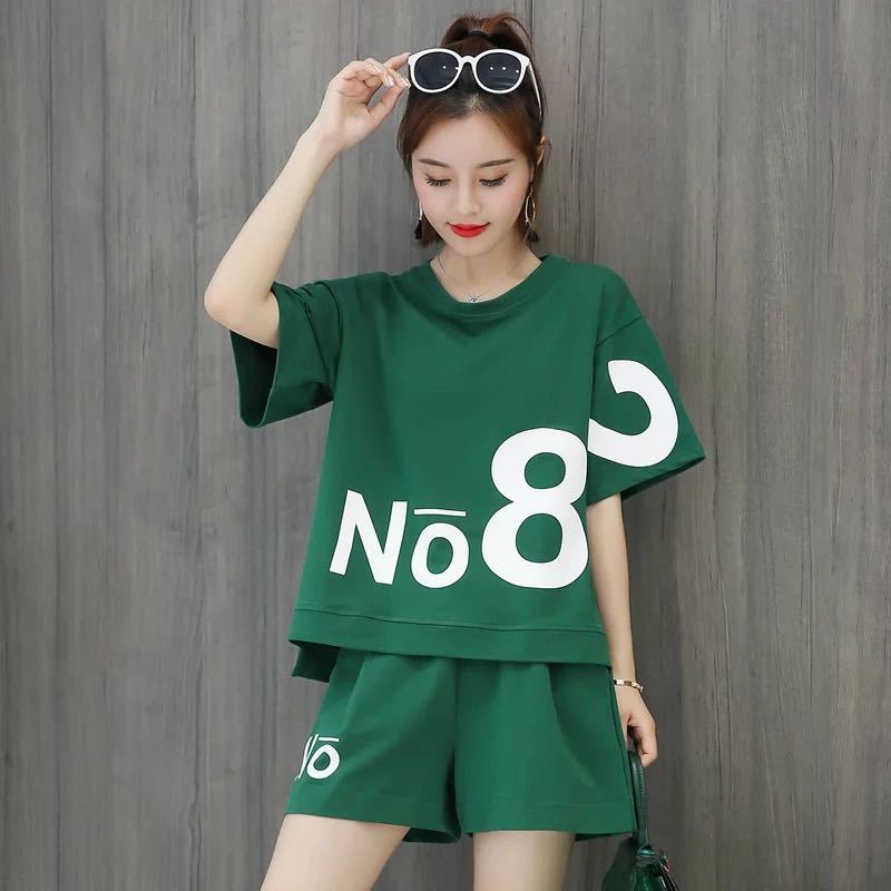 Pure Cotton Casual Sportswear Suit Women's Summer Printing Loose Short-sleeved Shorts Running Two-piece Home Comfort Suit