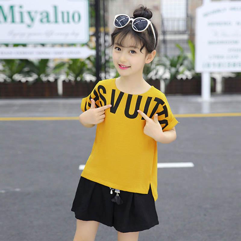 Girls Summer Suit Fashion Short-sleeved T-shirt Lace-up Shorts Cool Breathable Sweat-absorbing Comfortable Skin-friendly Children's Two-piece