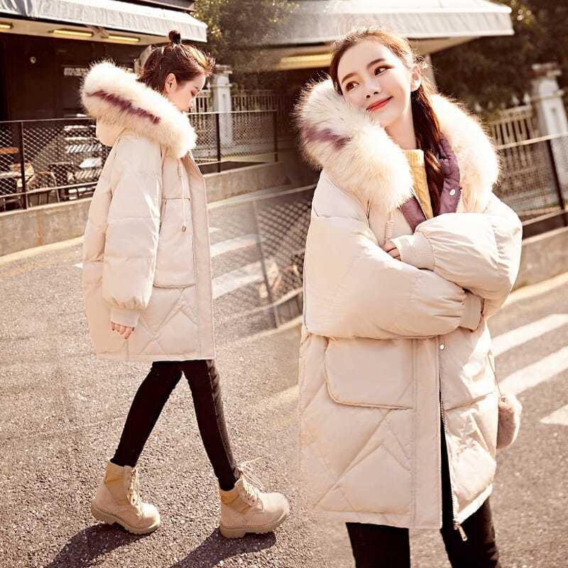 Small Lady Down Padded Jacket Winter Fashion Mid-length Korean Style Padded Jacket Loose  Thick Big Fur Collar Padded Jacket