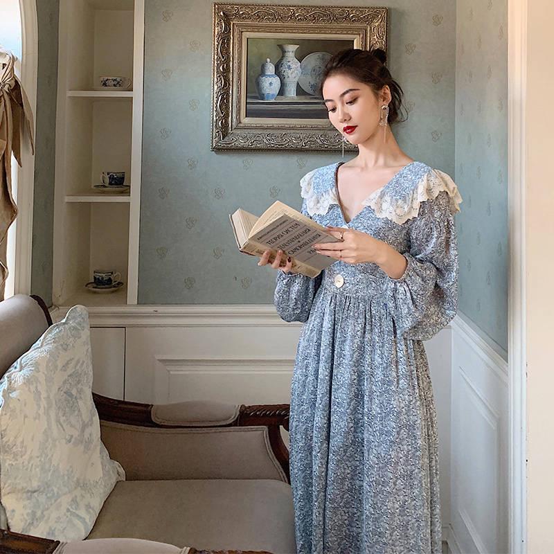 Summer Women Dress for Ladies Long Sleeve Vintage Chiffon Shirt Dress Casual Floral Long Dress