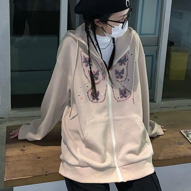 Waffle Chain Cardigan Sweater Women's Spring and Autumn Thin Hooded Jacket Loose Clothes