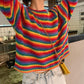 Short Rainbow Striped Sweaters Women Jumpers Knitted O-neck Loose Pullover Long Sleeve Knit Sweater Winter Female