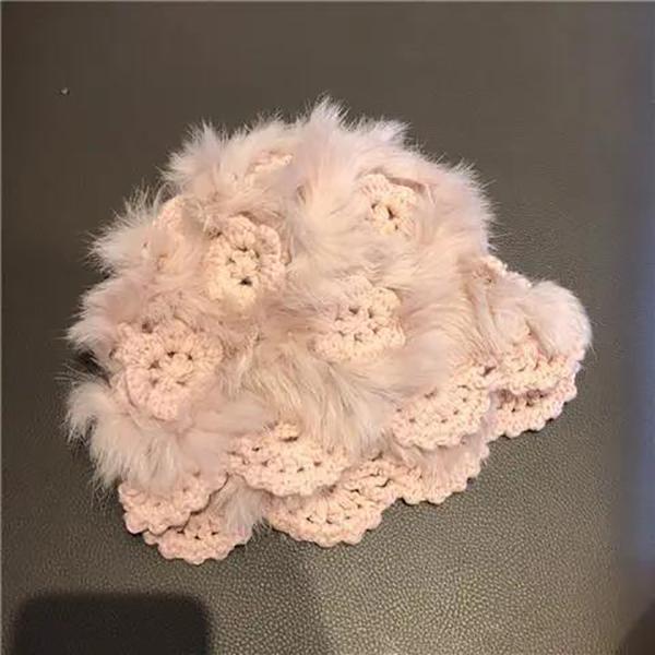 Winter Handmade Crochet Rabbit Plush Knitted Hat Female Korean Style Fashion Warm Pullover Hat