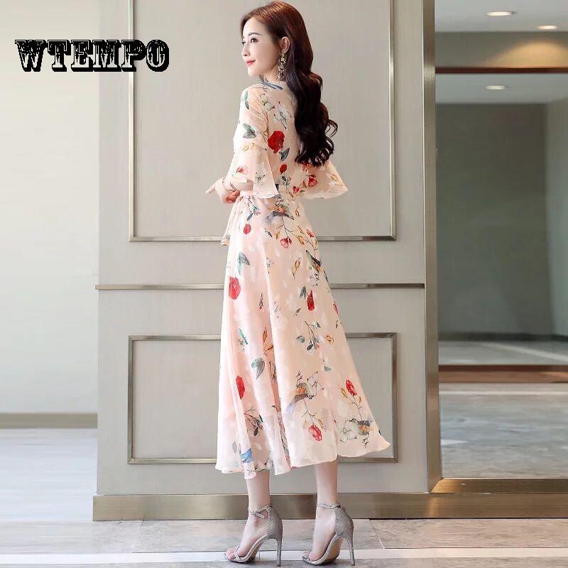 WTEMPO 2019 Boho Women V-neck Floral Print Party Dress Summer Ruffle Sleeveless Long Dress Sexy