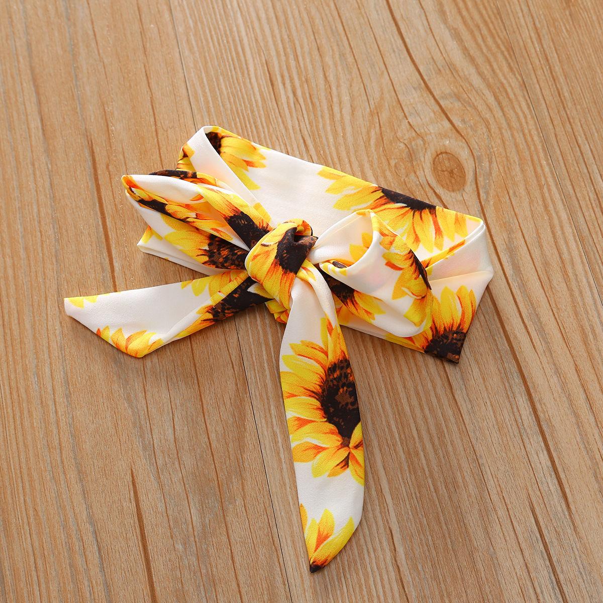 Toddler Baby Girl Clothes Off Shoulder Sunflower Print Tops Ripped Denim Pants Headband 3Pcs Outfits