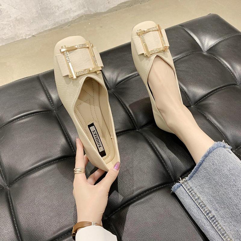 Women's Flat-bottomed Leather Shoes Single Shoes Women's Shallow-mouthed Flat-bottomed Square Toe Soft-soled Shoes Can Be Worn At Work