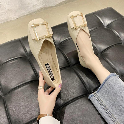 Women's Flat-bottomed Leather Shoes Single Shoes Women's Shallow-mouthed Flat-bottomed Square Toe Soft-soled Shoes Can Be Worn At Work