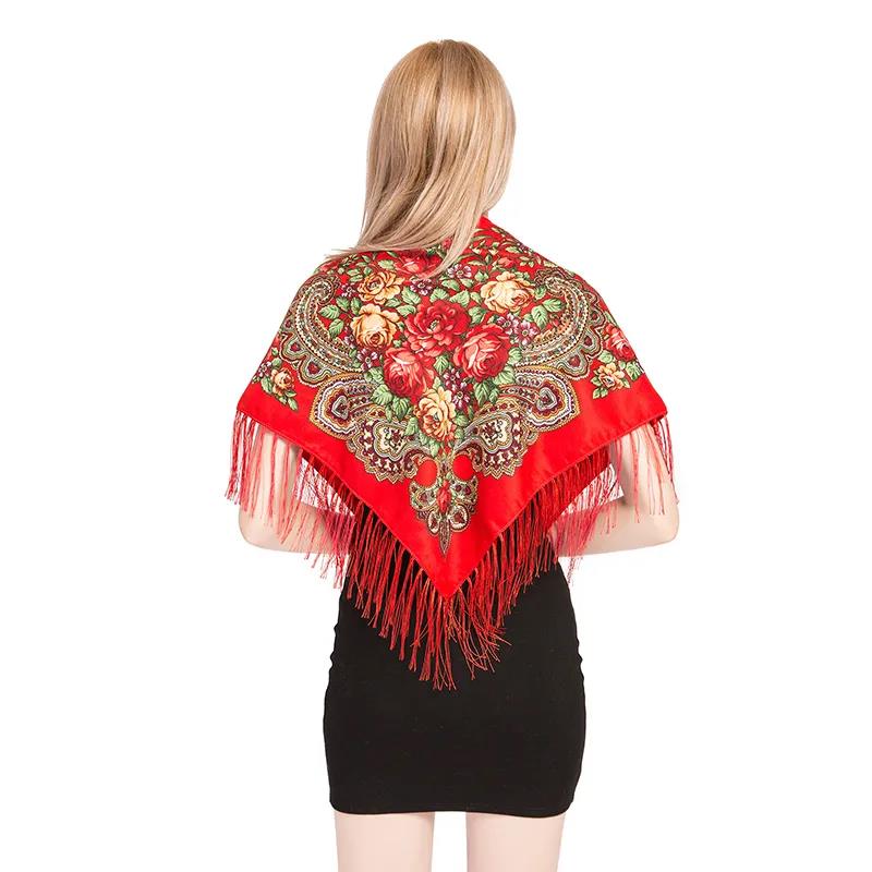 Muslim Women's Autumn Winter Pullover Scarf Cotton Printed Fringe Multifunctional Square Scarf Ethnic Wind Sand-proof Shawl Embroidery Tassels Scarves