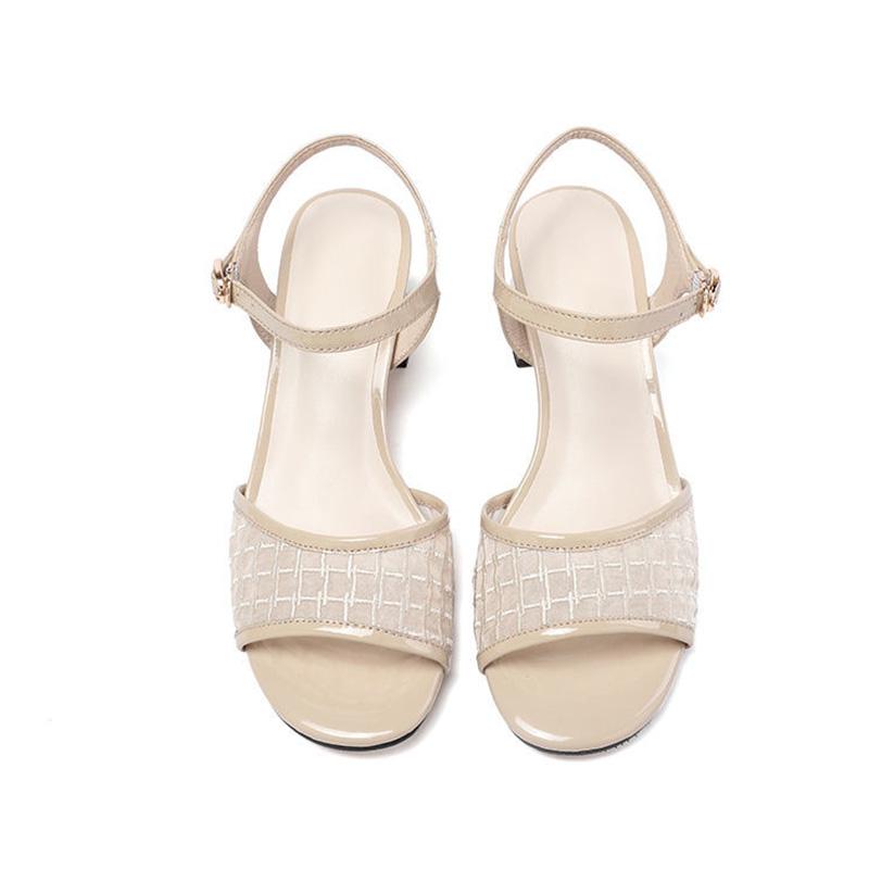 Summer Word Buckle Middle Heel Ladies Sandals Thick Heel Plus Size Women's Shoes All-match Leather Mesh Sandals Women