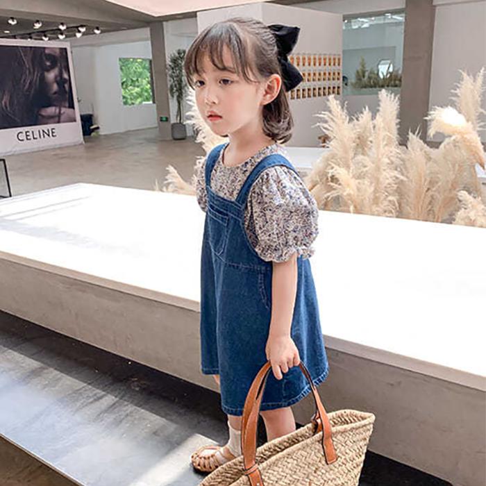 2PCS Children Clothing Set Spring Summer Girls Suits Floral Short Sleeve Tops + Denim Skirt Clothing Hin Strap Skirt Suit