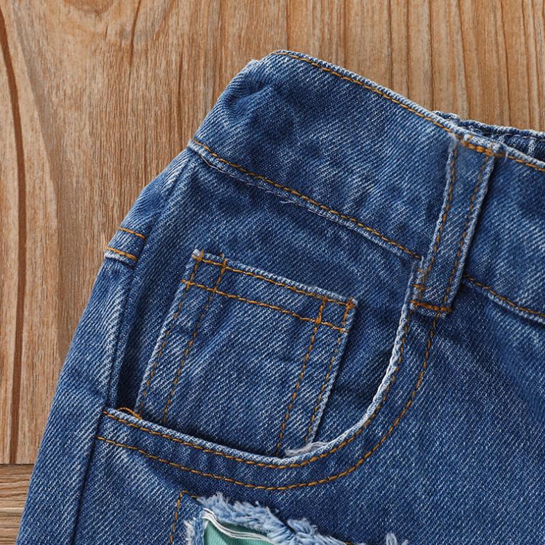 Summer Girls' Hole Shorts One Shoulder Top Denim Shorts Set Three Piece Children's Denim Shorts Suit