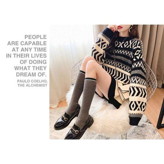 Vintage  Printed Mid-length Thick Sweater Women Loose Casual Knit Sweater Round Neck Pullover Fair Isle Jacquard Sweater