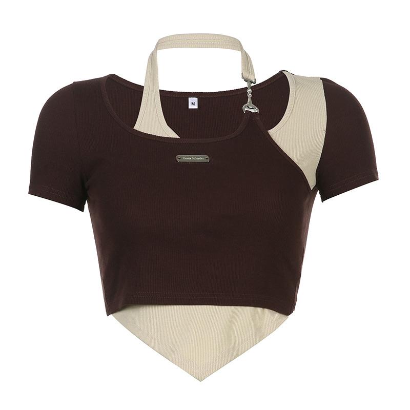 Fashion Trend Color Matching Fake Two-piece T-shirt Street Personality Chain Hanging Neck Hollow Irregular Girl Sexy Top