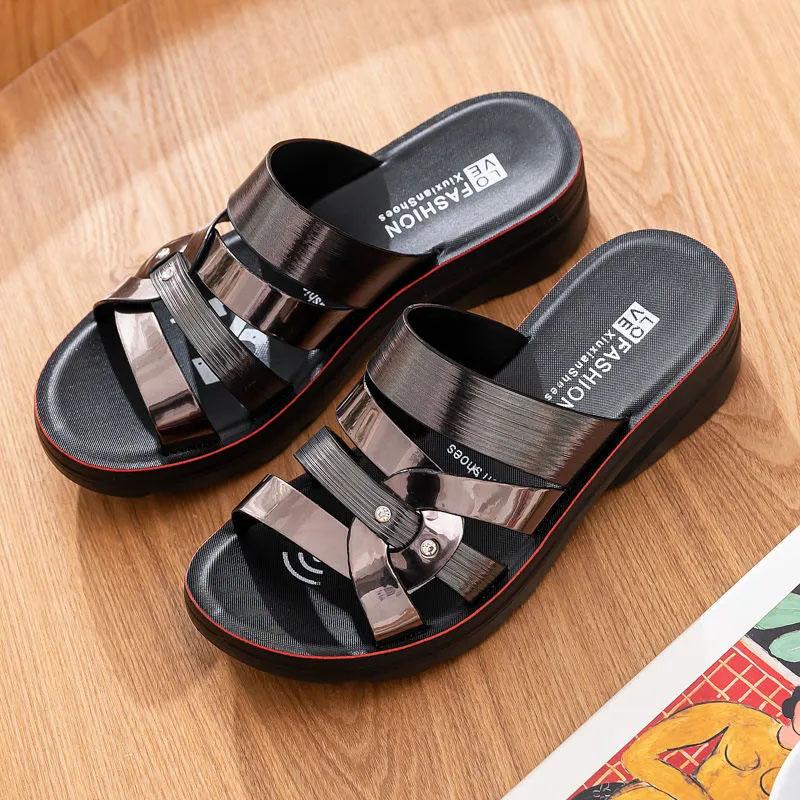 Women's Slippers Summer Hollow Wedge Heel Rhinestones Sandals Middle-aged Ladies Flat Bottom Non-slip Slippers Middle Heel Soft Sole Flip Flops