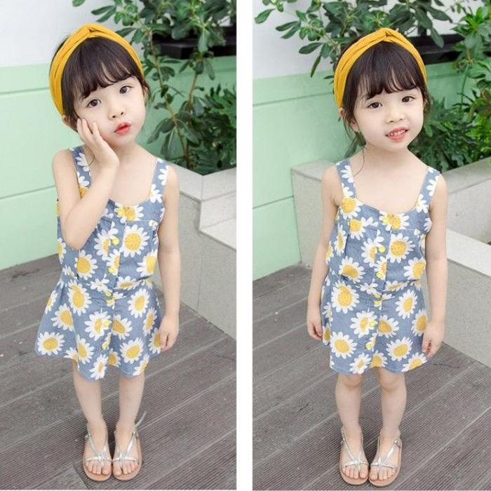 2PCS Children Clothing Set Spring Summer Sling Girls Suits Printing Sleeveless Tops + Skirt Clothing Set