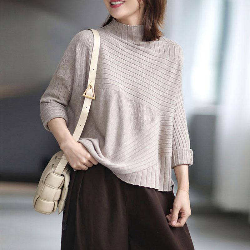 Spring and Autumn Half High Neck Knitted Sweater Loose Wild Pullover Pure Color Simple Female Sweater