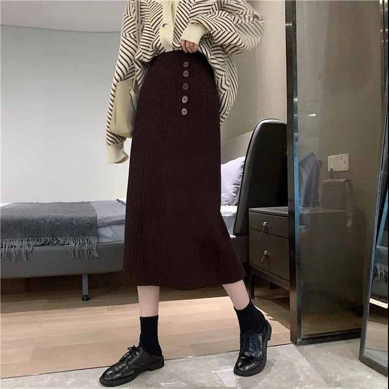 Knitted Half-length Skirt Autumn and Winter Female Korean Temperament Package Hip One-step Skirt Wild High-waisted Thin Mid-length A-line Skirt