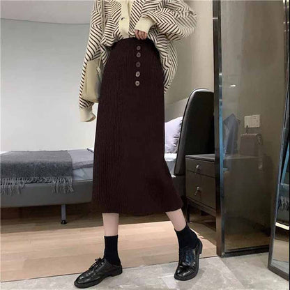 Knitted Half-length Skirt Autumn and Winter Female Korean Temperament Package Hip One-step Skirt Wild High-waisted Thin Mid-length A-line Skirt