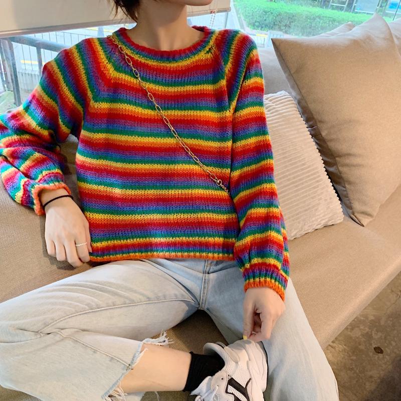 Short Rainbow Striped Sweaters Women Jumpers Knitted O-neck Loose Pullover Long Sleeve Knit Sweater Winter Female