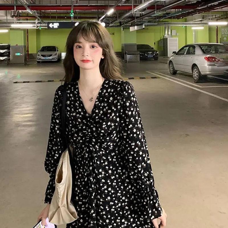 Spring Japanese First Love Skirt V-neck Floral Dress Female Slim Waist Temperament Knee-length Skirt