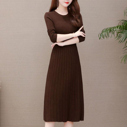 Autumn and Winter Slim-fit Inner Base Skirt Mid-length Casual Pleated Skirt Solid Color Over-the-knee Women's Sweater Dress