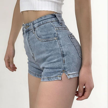 Retro High Waist Slimming Side Slit Denim Shorts Female Summer Stretch All-match Long Hip Pants