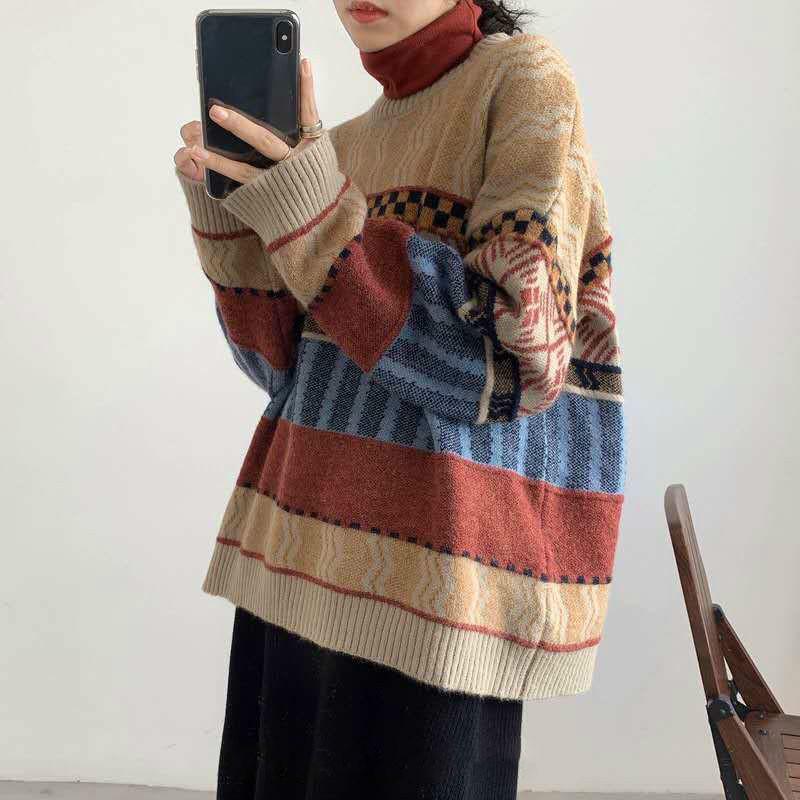Women vintage Jacquard Knitted Sweater Ethnic Style Thick Warm Pullover Sweater coat Outer Wear Autumn Winter