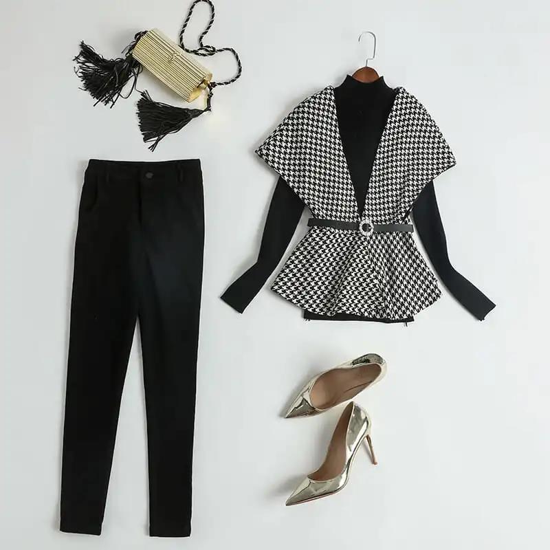 Mature Royal Sister Suit Female Wild Houndstooth Vest + Leggings + Belt Three-piece Elegant Black and White Suit