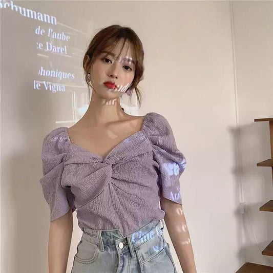 Purple Puff Sleeve Shirt Women's Summer Design Sense Retro Short Shirt Pleated French Square Collar Short Sleeve Top