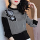 Women's Spring and Autumn Plaid T-Shirt Large Size Loose Round Neck Long Sleeve Top