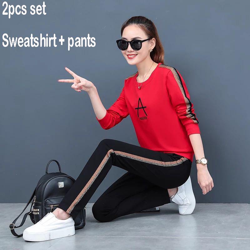 Spring And Autumn Women 2pcs Set Wild Long Sleeve Casual Sweatshirt Set Large Size