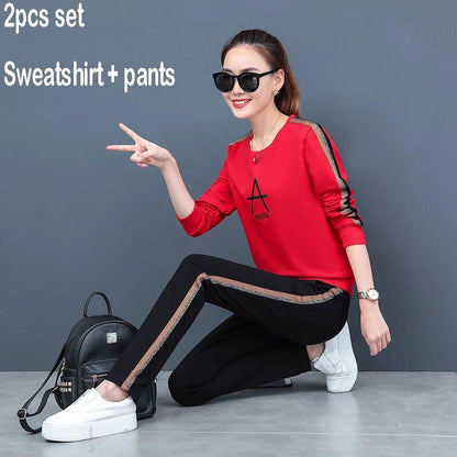 Spring And Autumn Women 2pcs Set Wild Long Sleeve Casual Sweatshirt Set Large Size